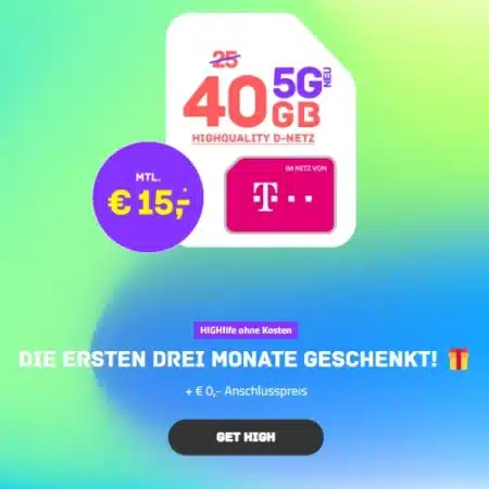 Telekom-Netz: 40 GB für 15€ mtl. | 50 GB für 20€ mtl. | 5G mit Allnet-Flat | Mit Cashback oder monatlich kündbar | Neue Tarife bei HIGH