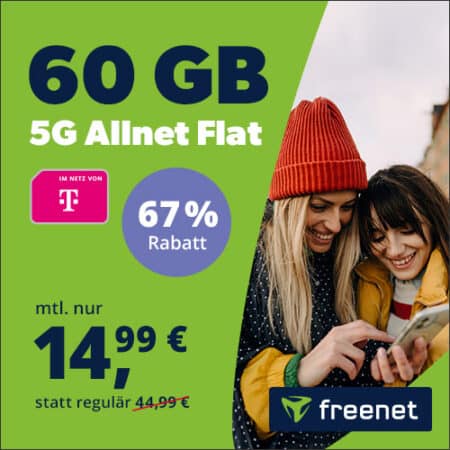 60 GB für 14,99 € mtl. im Telekom 5G-Netz | Keine Anschlussgebühr | Allnet- & SMS-Flat | Freenet