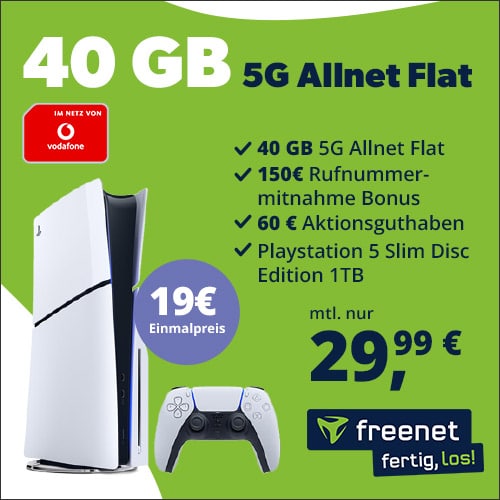 40 GB im 5G Netz von Vodafone mit Playstation 5 Disc Version mit 1TB für 29,99€ mtl.