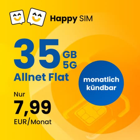 35 GB für 7,99€ | 50 GB für 9,99€ | 5G o2/Telefonica-Netz | 3 Freimonate oder monatlich kündbar | HappySIM