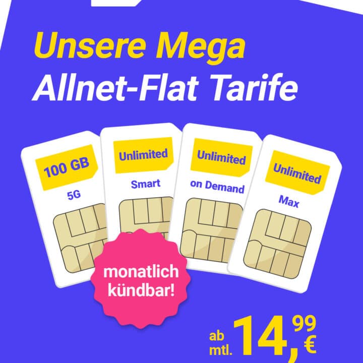 Unbegrenzt Datenvolumen ab 19,99€ | Bis zu 300 Mbit/s | Monatlich kündbar & Preis auf Lebenszeit | o2-Netz mit 5G | Mega SIM