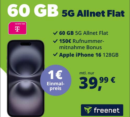 iPhone 16 + 5G Telekom Allnet Flat mit 60 GB für nur 39,99 € mtl. – inkl. 150 € Rufnummern-Bonus