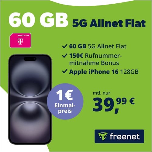 iPhone 16 + 5G Telekom Allnet Flat mit 60 GB für nur 39,99 € mtl. – inkl. 150 € Rufnummern-Bonus