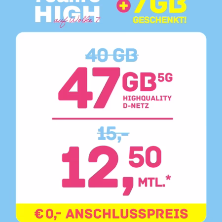 Telekom 5G-Netz: 27 GB für 10€ | 47 GB für 12,50€ | 70 GB für 17,50€ | Monatlich kündbar | HIGH